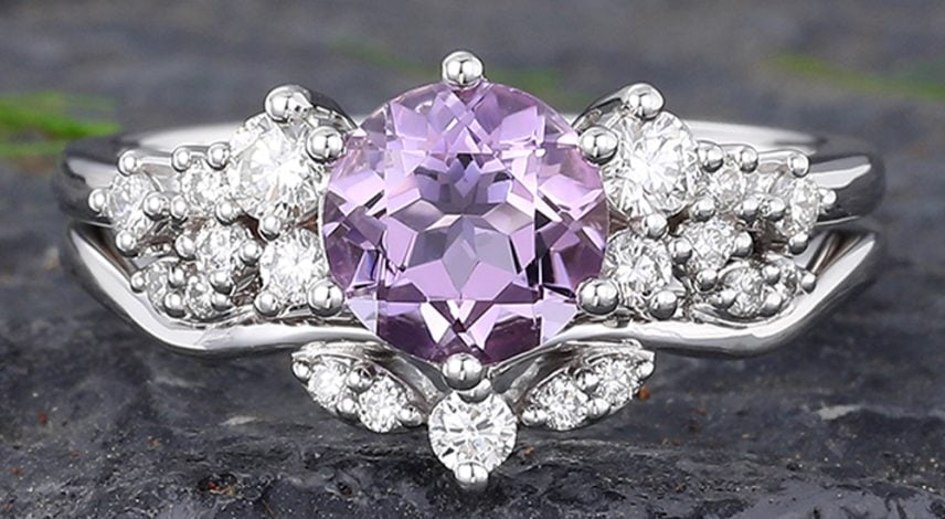 Round Cut Lavender Amethyst Cluster Engagement Ring Set (1) promise ring