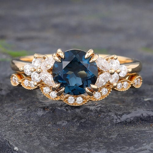 Round Cut London Blue Topaz Engagement Ring Set Vintage Beaded Design