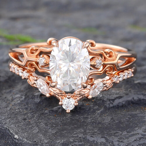 Vintage Oval Cut Moissanite Engagement Ring Set Art Deco Bridal Ring Set