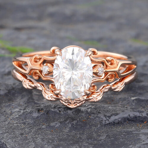 Vintage Oval Moissanite Engagement Ring Set Art Deco Filigree Bridal Ring Set