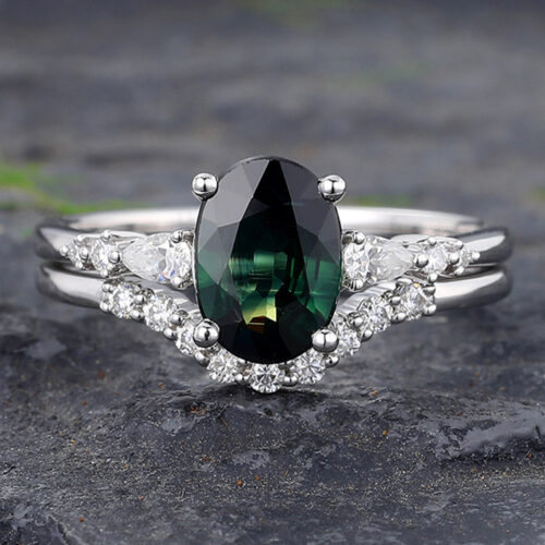 White Gold Oval Cut Green Blue Sapphire Engagement Ring Set