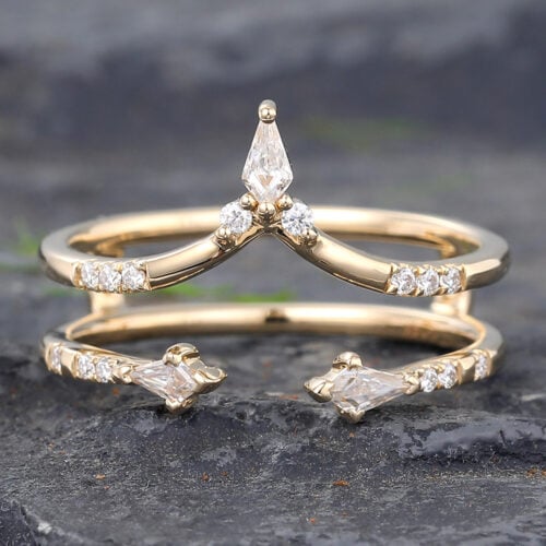 Yellow Gold Kite Moissanite Double Wedding Band Curved & Open Design