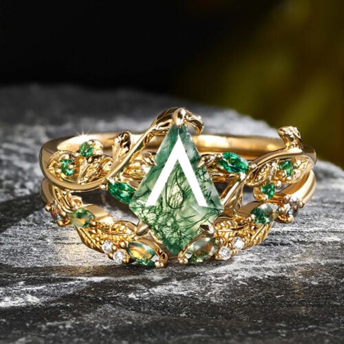 Yellow Gold Kite Cut Moss Agate Nature Inspired Engagement Ring Set