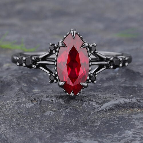 Beaded Marquise Cut Lab Ruby Engagement Ring in Black Gold