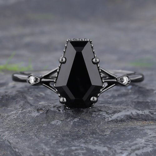 Beaded Coffin Shaped Black Onyx Engagement Ring in Black Gold