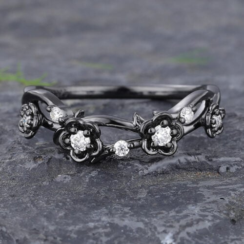 Black Gold Floral Moissanite Wedding Band with Twisted Design