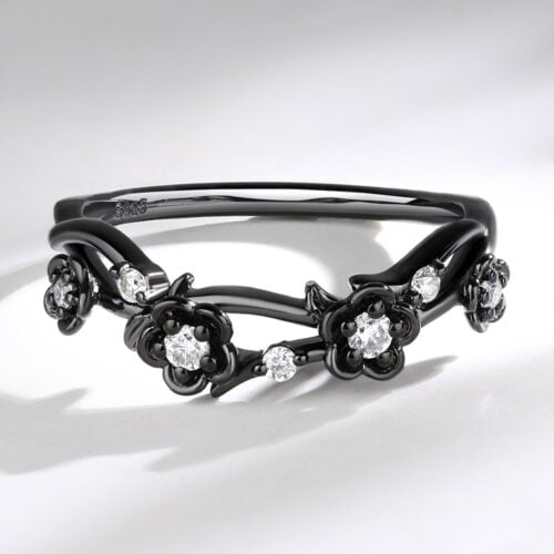 Black Gold Floral Moissanite Wedding Band with Twisted Design