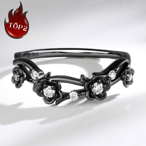 Black Gold Floral Moissanite Wedding Band with Twisted Design