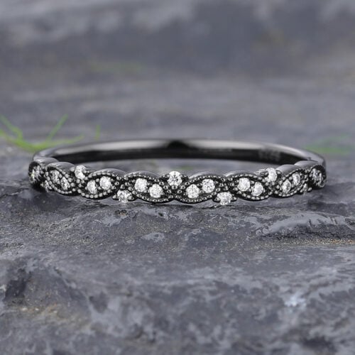 Black Gold Moissanite Wedding Band Beaded Design Anniversary Ring