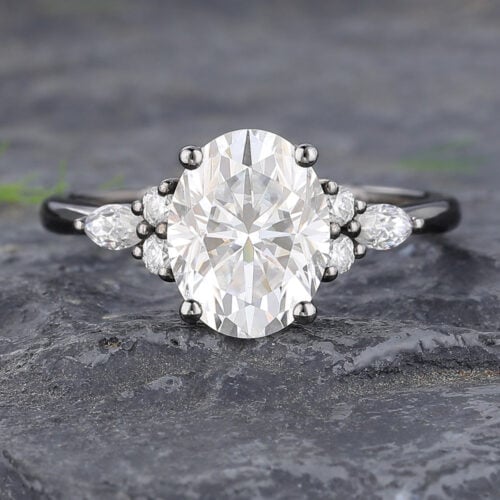 Black Gold Oval Cut Moissanite Engagement Ring with Cluster Accents