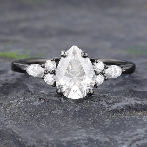 Black Gold Pear Cut Moissanite Engagement Ring with Cluster Accents