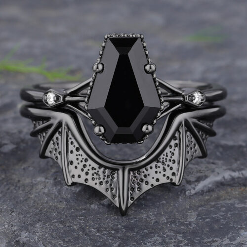 Coffin-Shaped Black Onyx Engagement Ring Set with Batwing Band in Black Gold