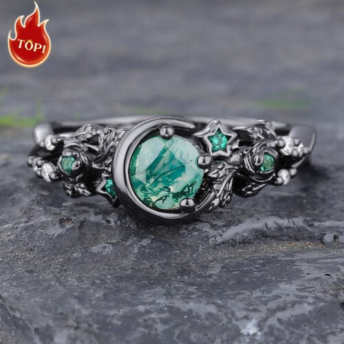 Crescent Moon Round Cut Moss Agate Engagement Ring in Black Gold