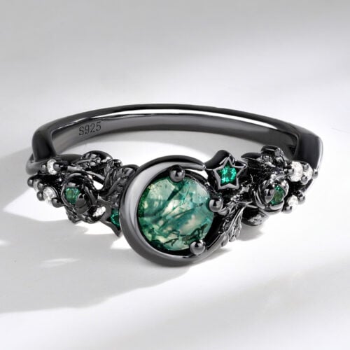 Crescent Moon Round Cut Moss Agate Engagement Ring in Black Gold
