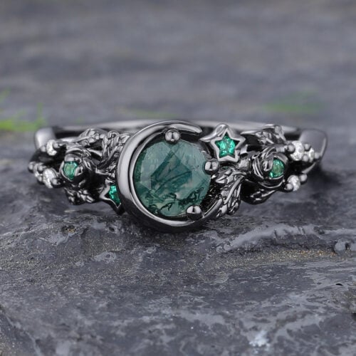 Crescent Moon Round Cut Moss Agate Engagement Ring in Black Gold