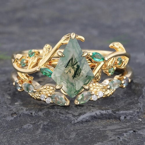 Yellow Gold Kite Cut Moss Agate Nature Inspired Engagement Ring Set