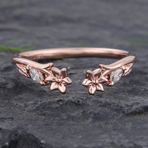 Flower Rose Gold Moissanite Open Curved Wedding Band