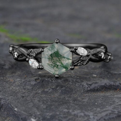 Hexagon Cut Moss Agate Engagement Ring Black Gold Leaf Split Shank Ring