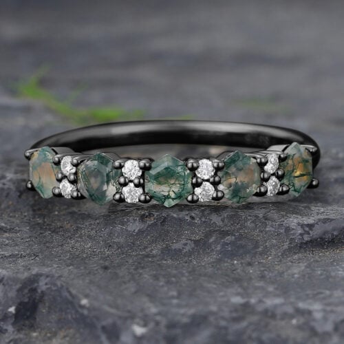 Hexagon Moss Agate & Round Moissanite Wedding Band Black Gold