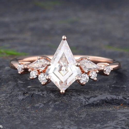 Kite Cut Moissanite Engagement Ring with Cluster Accents