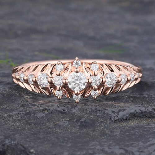 Olive Leaf Inspired Round Cut Moissanite Engagement Ring