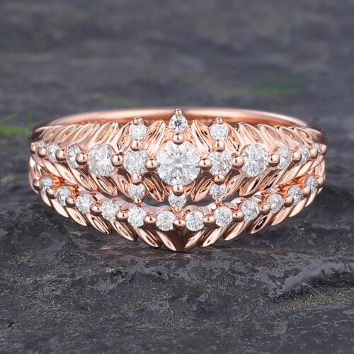 Olive Leaf Inspired Round Cut Moissanite Engagement Ring Set