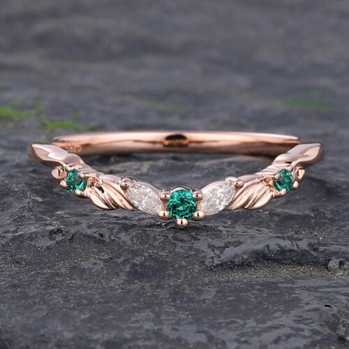 Rose Gold Emerald & Moissanite Curved Wedding Band with Leaf Accent