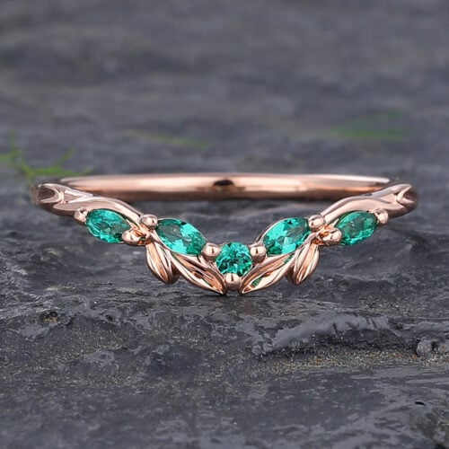 Rose Gold Nature-Inspired Emerald Curved Wedding Band