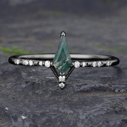 Unique Black Gold Kite Cut Moss Agate Engagement Ring