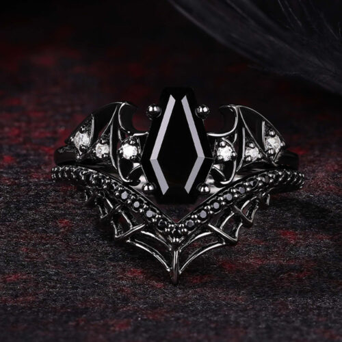 Coffin-Shaped Black Onyx Engagement Ring Set 2PCS Gothic Ring Set