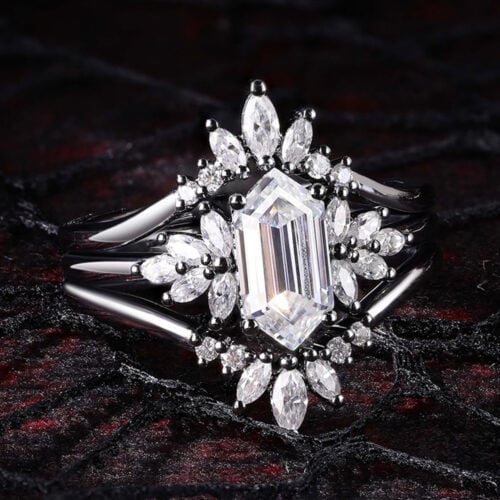 Long Hexagon Cut Moissanite Cluster Bridal Ring Set