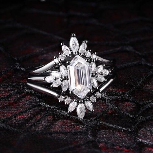 Long Hexagon Cut Moissanite Cluster Bridal Ring Set