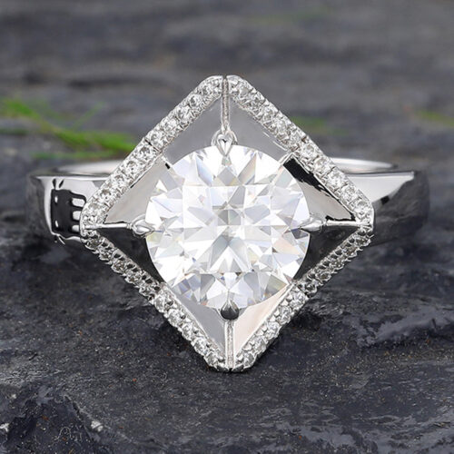 2CT Round Moissanite Engagement Ring Art Deco Pavé Halo Design