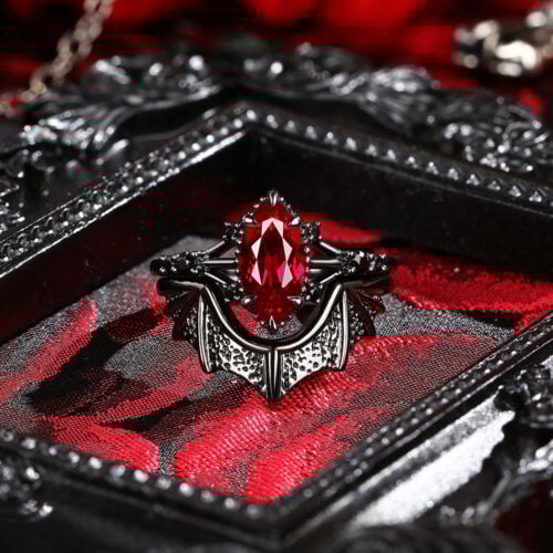 Marquise Cut Lab Ruby Engagement Ring Set with Batwing Band