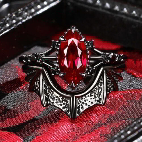 Marquise Cut Lab Ruby Engagement Ring Set with Batwing Band