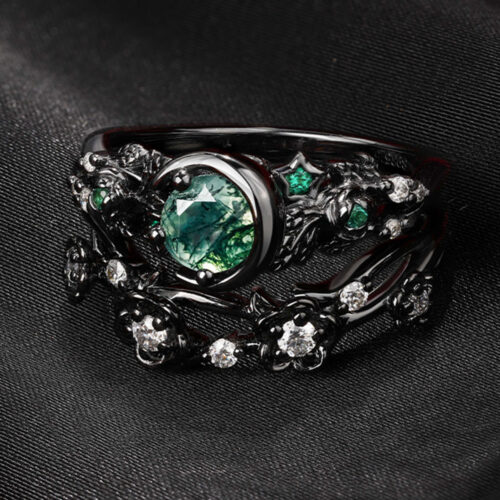 Round Cut Moss Agate Engagement Ring Set with Nature-Inspired Accents