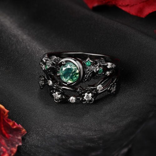 Round Cut Moss Agate Engagement Ring Set with Nature-Inspired Accents