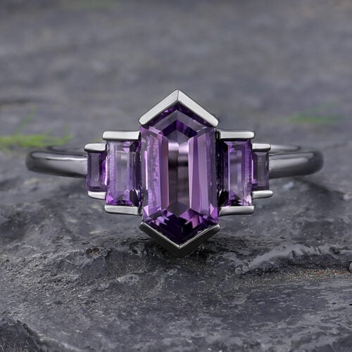 Art Deco Elongated Hexagon Cut Amethyst Engagement Ring Black Gold
