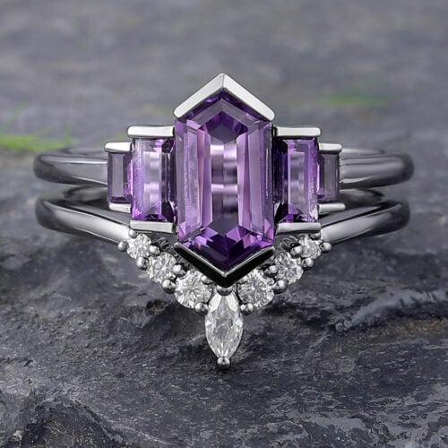 Art Deco Elongated Hexagon Cut Amethyst Engagement Ring Set