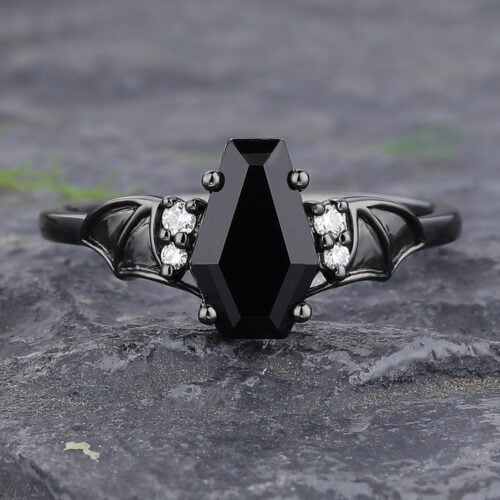Batwing Black Gold Coffin-Shaped Black Onyx Engagement Ring