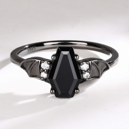 Batwing Black Gold Coffin-Shaped Black Onyx Engagement Ring