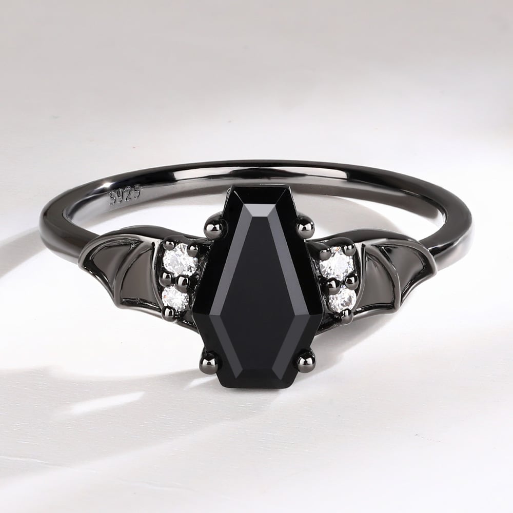 Batwing Black Gold Coffin-Shaped Black Onyx Engagement Ring