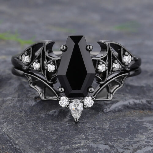 Batwing Gothic Coffin-Shaped Black Onyx Engagement Ring Set