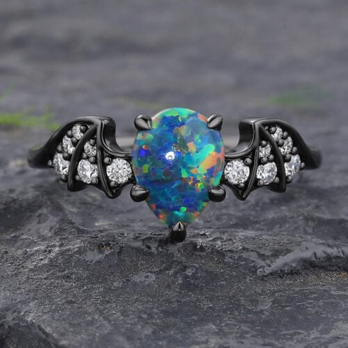 Batwing Gothic Pear Shaped Black Opal Engagement Ring