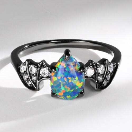 Batwing Gothic Pear Shaped Black Opal Engagement Ring