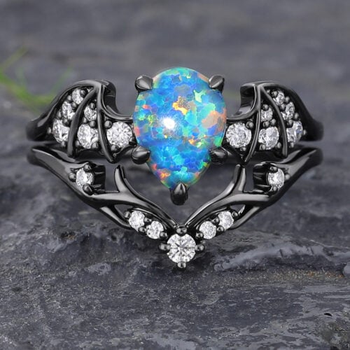 Batwing Gothic Pear Shaped Black Opal Engagement Ring Set