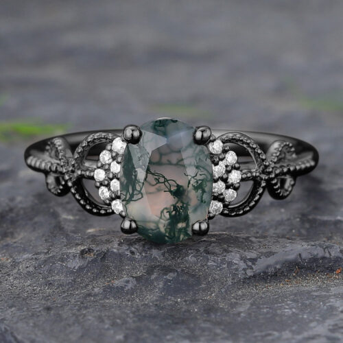 Beaded Infinity Black Gold Oval Cut Moss Agate Cluster Engagement Ring
