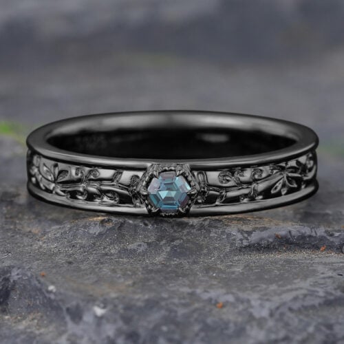 Black Gold Hexagon Cut Alexandrite Engraved Wedding Band for Men