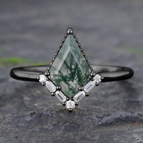 Black Gold Kite Cut Moss Agate Engagement Ring with Baguette Accented