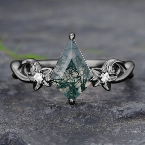 Black Gold Kite Cut Moss Agate Engagement Ring with Floral Diamond Accented